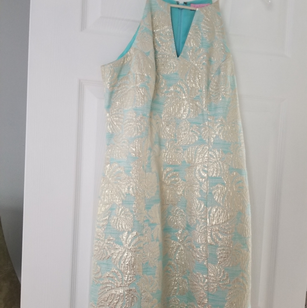 Lilly Pylitzer Breakwater Blue Palm Jacquard Dress Size 4 EUC